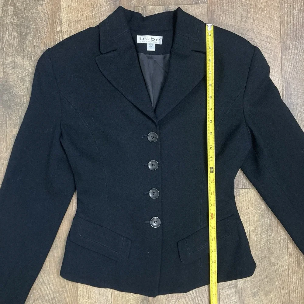 Vintage BEBE Black Wool Blazer Jacket Fitted 4-Button Size 2 Made in USA 90s Y2K